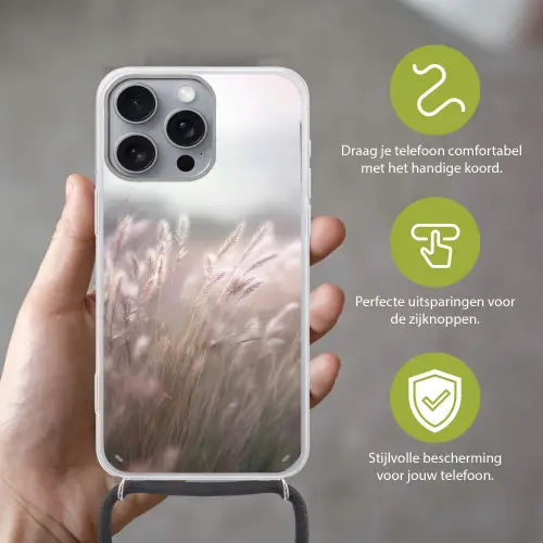 Graspluimen - Wind - Beige - Mistig Hoesje iPhone 16 Pro Max met koord klein -sfeer2_NL