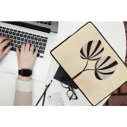 Bladeren - Gestreept - Stengel - Beige laptophoes neopreen klein -bureau
