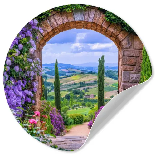 Doorkijk - Toscane - Landschap - Poort Wandcirkel behangsticker klein -3d