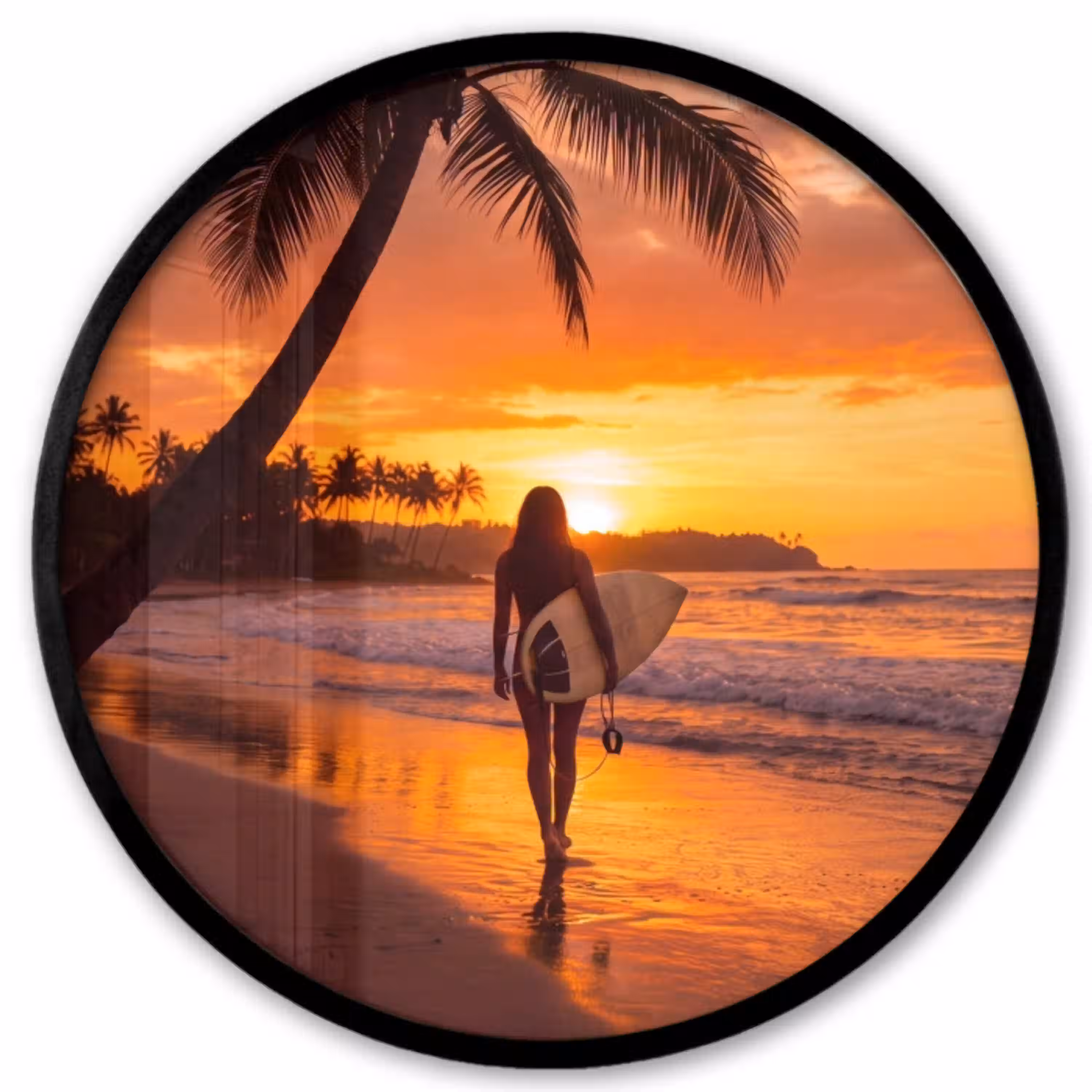 Vrouw - Surfplank - Strand - Zonsondergang - Oranje Fotolijst rond zonder passe partout klein -3d