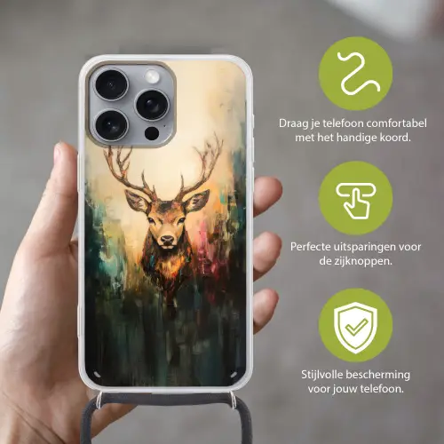 Hert - Geverfd - Gewei - Bruin Hoesje iPhone 16 Pro Max met koord klein -sfeer2_NL