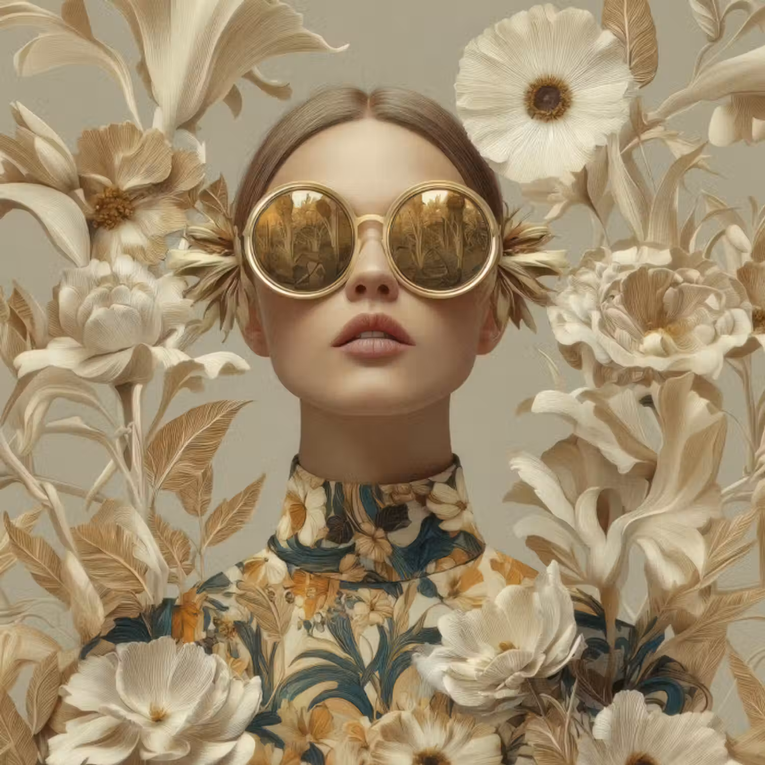 Behang - Vrouw - Bloemen - Zonnebril - Wit