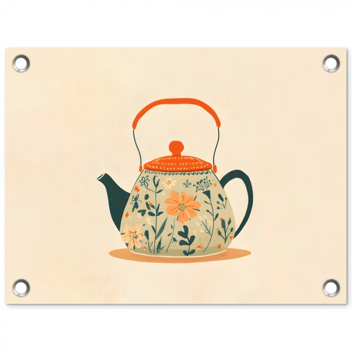 Oranje - Theepot - Bloemen - Bladeren tuinposter los doek klein -3d