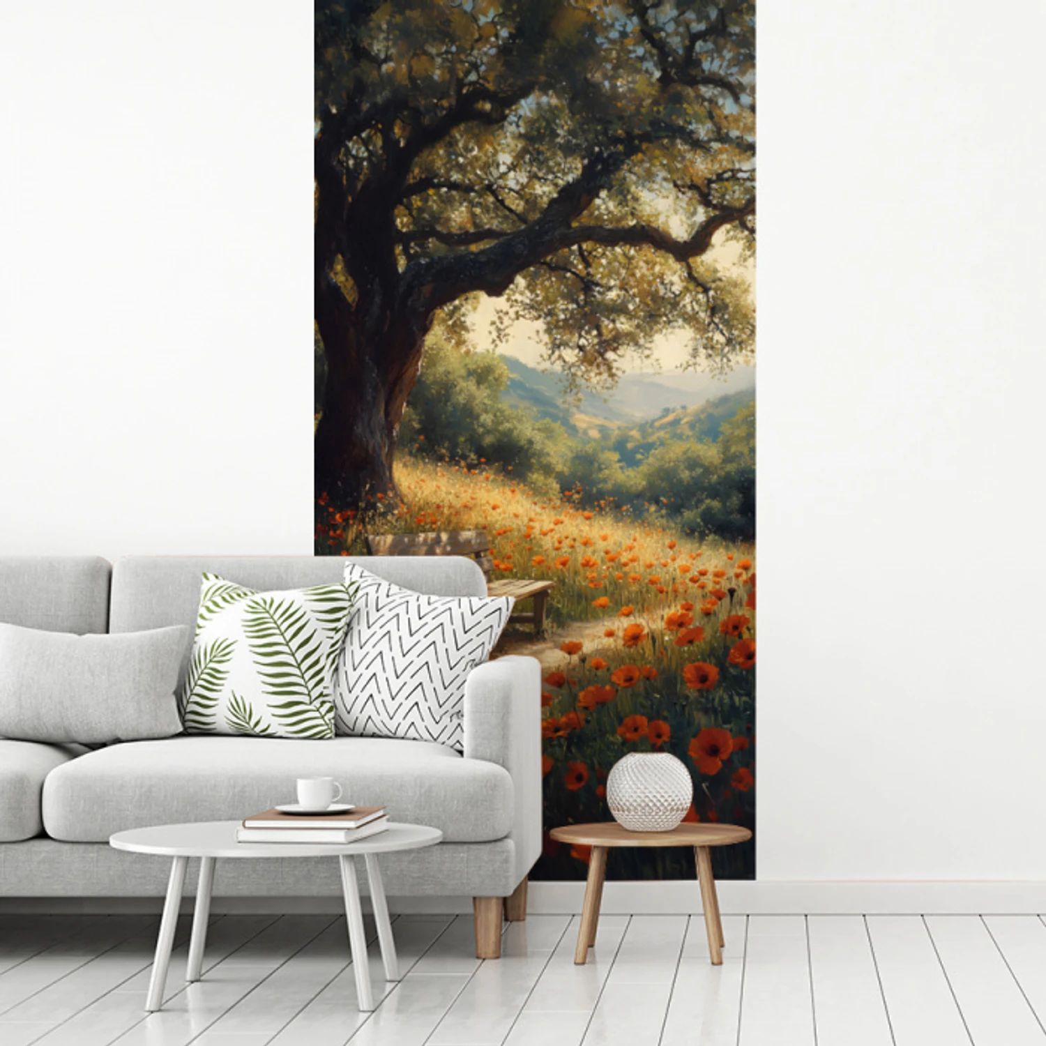Bankje - Boom - Klaprozen - Heuvels fotobehang vinyl groot -woonkamer