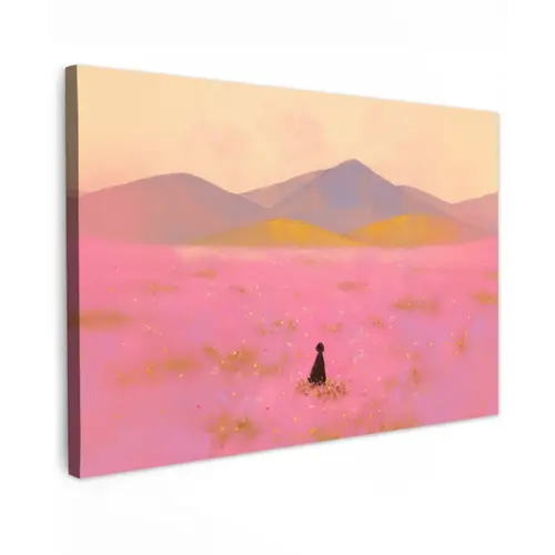 Bloemenweide - Heuvels - Silhouet - Roze Tuinposter op houten frame 2 cm dik klein -3d