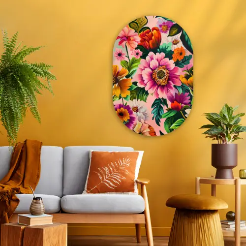 Bloemen - Kleurrijk - Roze Wandcirkel Ovaal Glas middel -sfeer4
