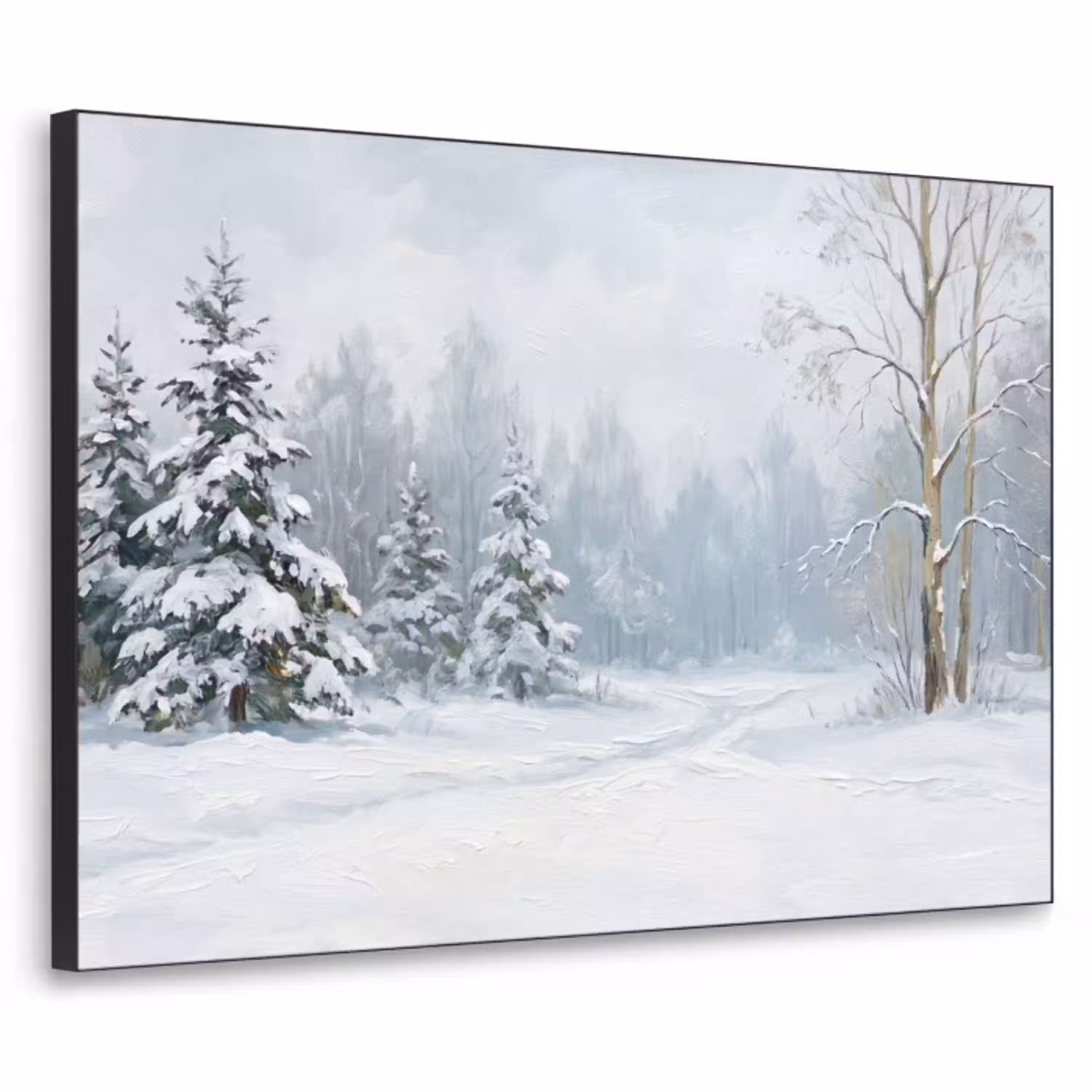 Bospad - Dennen - Sneeuw - Winter - Rustgevend Textielframe zwart klein -3d