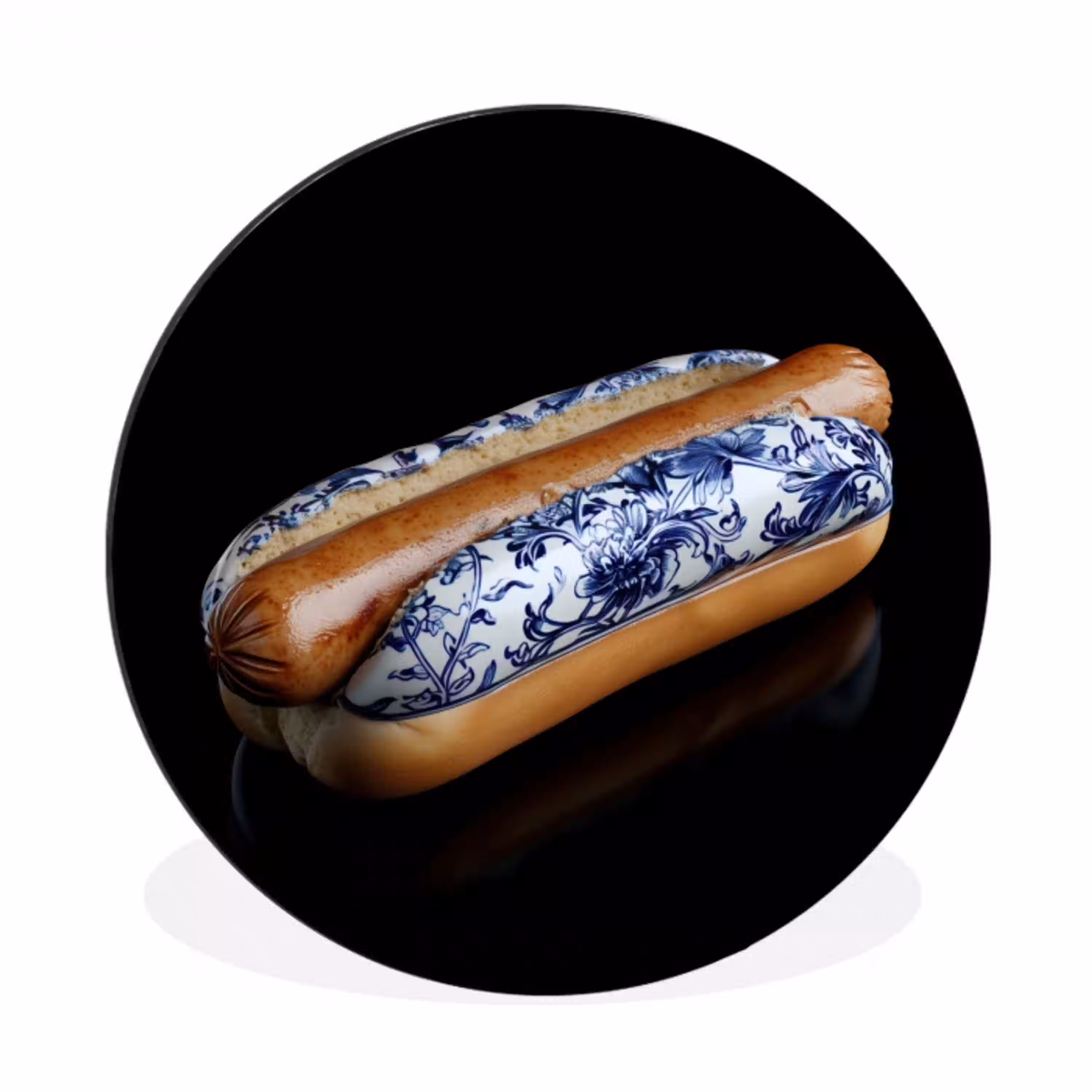 Hotdog - Porselein - Delfts blauw - Eten Wandcirkel aluminium klein -3d