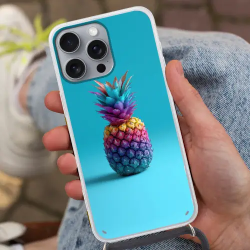 Ananas - Regenboog - Blauw - Popart Hoesje iPhone 16 Pro Max met koord klein -sfeer3
