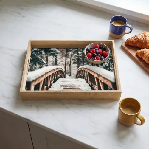 Brug - Winterlandschap - Bos - Natuur - Sneeuw Dienblad Rechthoek middel -sfeer2