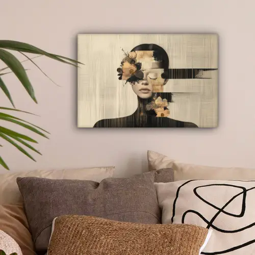 Gezicht - Bloemen - Zwart - Vrouw canvas 2cm klein -sfeer1