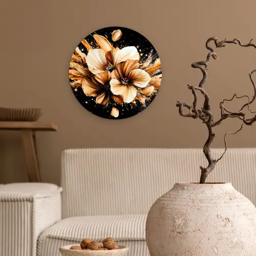 Bloemen - Goud - Graffiti - Zwart - Abstract Wandcirkel kunststof plaat 5mm dik klein -sfeer1