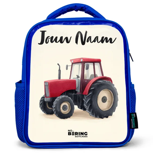 Rugzak kind met naam - Blauw Tractor - Getekend - Rood