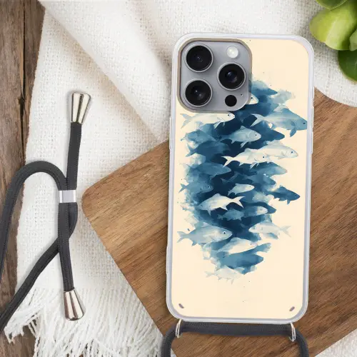 Vissen - Minimalistisch - Blauw Hoesje iPhone 16 Pro Max met koord klein -sfeer4