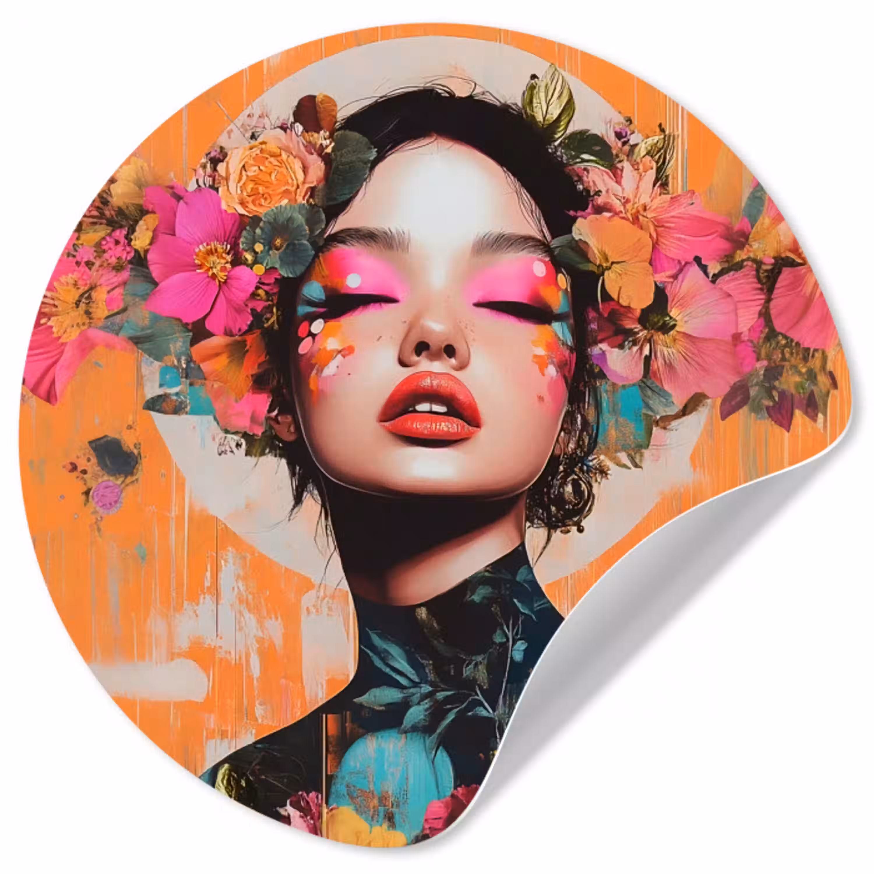 Portret - Vrouw - Abstract - Bloemen Wandcirkel behangsticker klein -3d