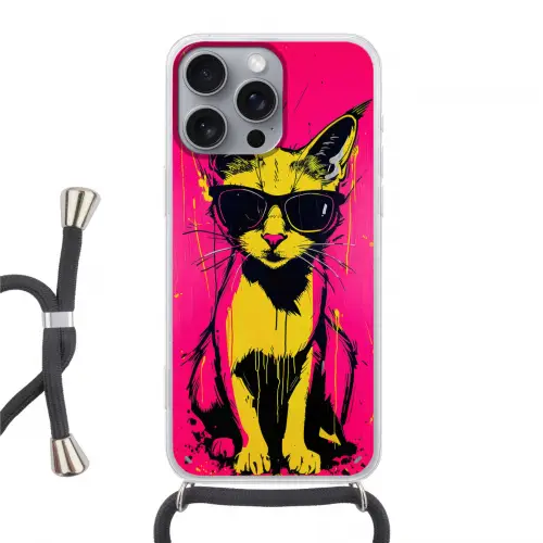 Kat - Art - Zonnebril - Roze Hoesje iPhone 16 Pro Max met koord klein -3d