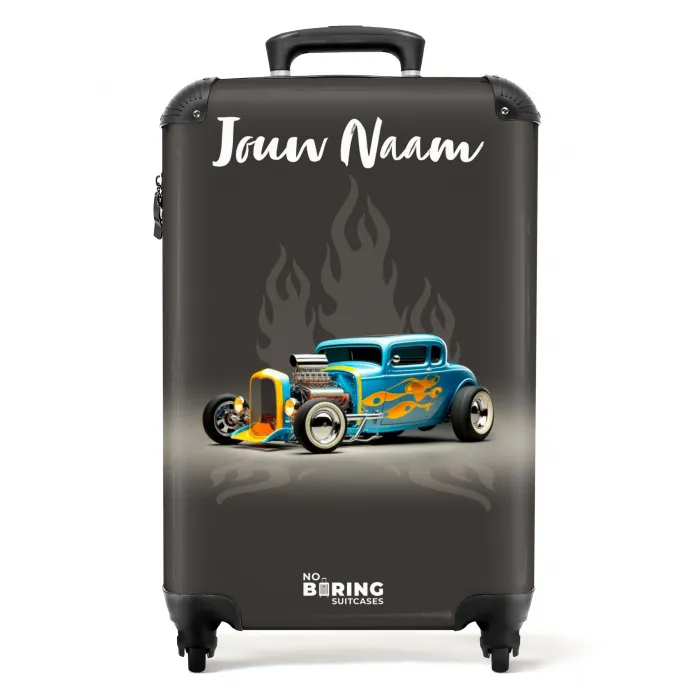 Blauwe auto met grijze vlammen NBS - Handbagage koffer - Kinderen Unisex middel -productfoto_recht