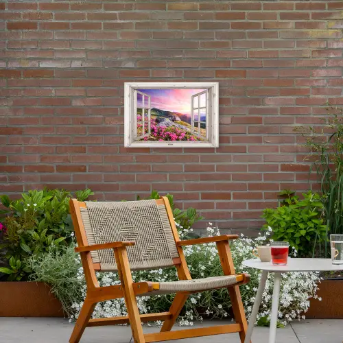 Bergen - Landschap - Doorkijk - Bloemen - Avond - Roze Tuinposter op houten frame 2 cm dik klein -sfeer3