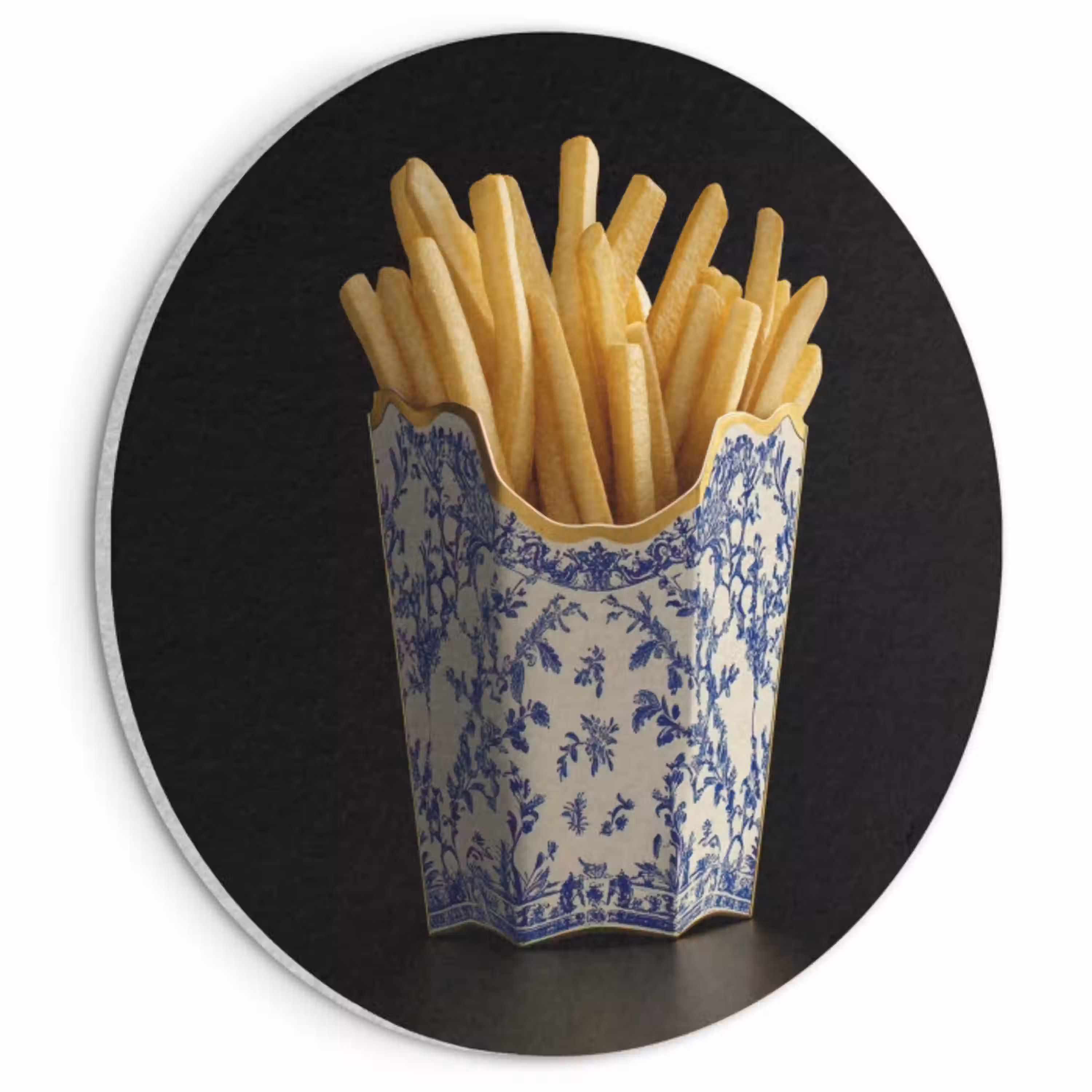 Friet - Porselein - Delfts blauw - Eten Akoestische PET Vilt - Rond klein -3d