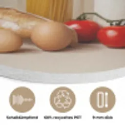 Spaghetti - Melk - Tomaten - Eieren - Brood Akoestische PET Vilt - Rond klein -closeup_DE