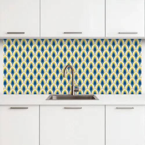 Design - Patroon - Retro - Geel - Blauw keuken achterwand 2 middel 871 -3d