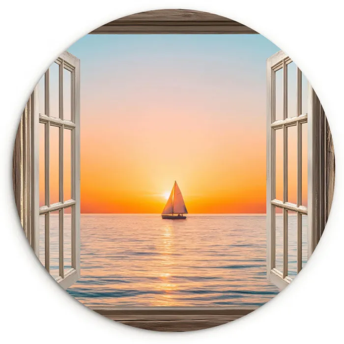 Doorkijk - Zee - Boot - Zonsondergang Wandcirkel kunststof plaat 5mm dik klein -3d