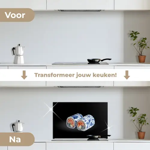 Sushi - Delfts blauw - Rijst - Vis - Elegant keuken achterwand spatscherm klein -voor_na_NL