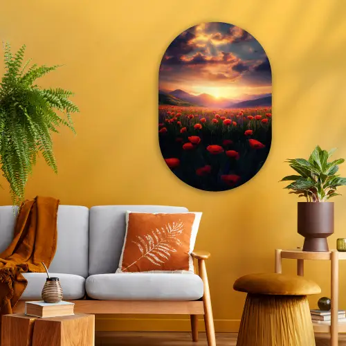 Landschap - Zonsondergang - Bloemenveld Wandcirkel Ovaal Glas middel -sfeer4