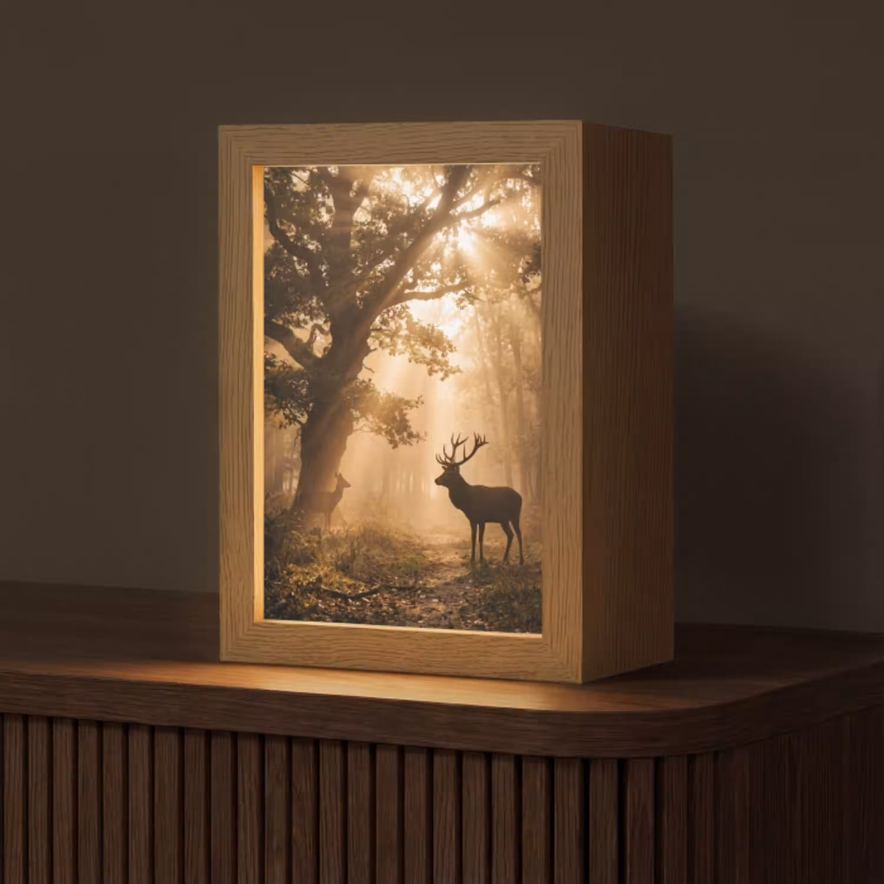 Hert - Bos - Mistig - Natuur - Goud Light Box met kabel (Tafellamp) klein -z3d_website
