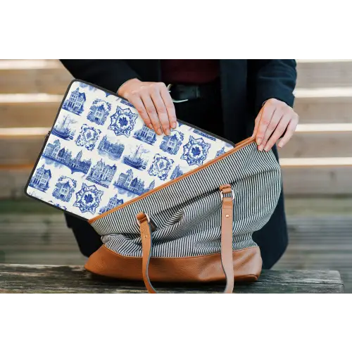 Huizen - Schepen - Blauw laptophoes neopreen klein 279 -tas