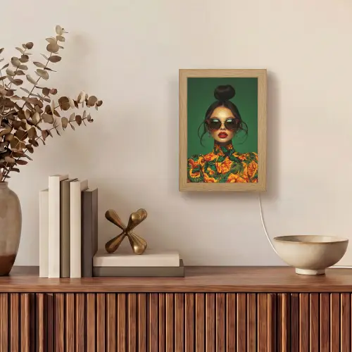 Vrouw - Groen - Modern - Bril - Abstract Light Box met kabel (Tafellamp) klein -sfeer2