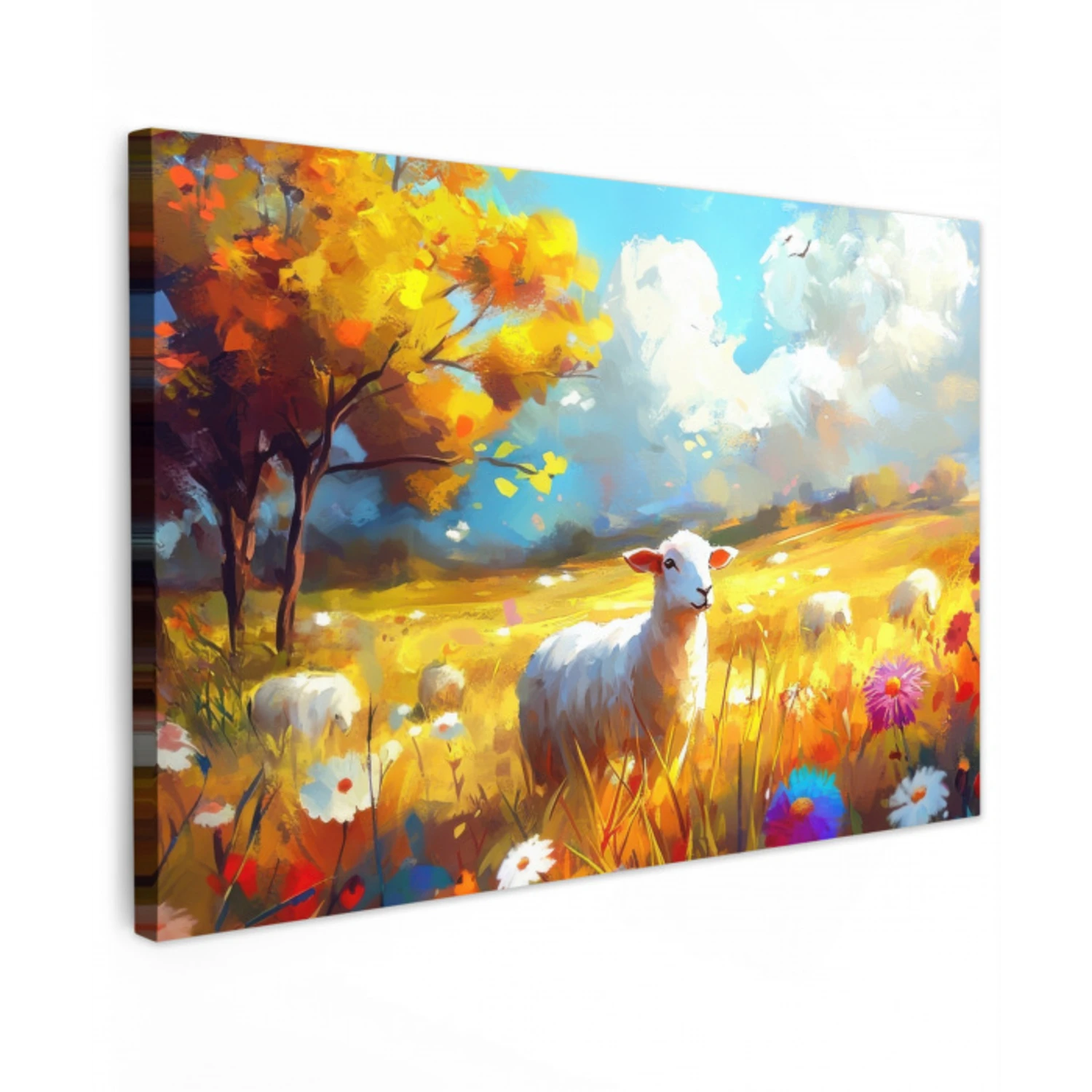 Schaap - Weide - Bloemen Tuinposter op houten frame 2 cm dik klein -3d