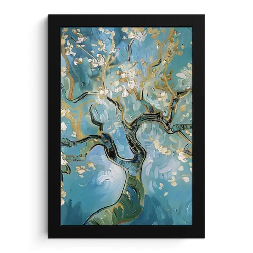Amandelbloesem boom - Blauw - Abstract fotolijst zwart zonder passe partout klein -3d