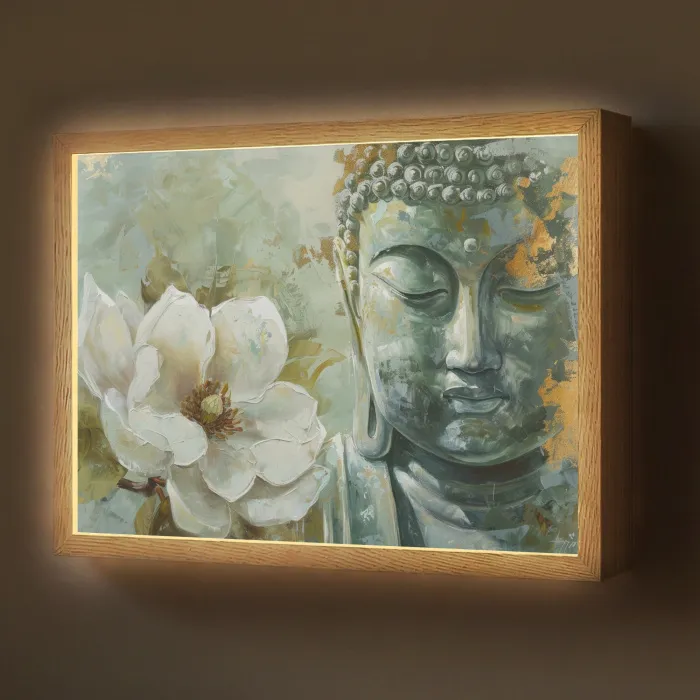 Boeddha - Groen - Lotusbloem - Wit Light Box met batterij (Wandlamp) middel -z3d_website