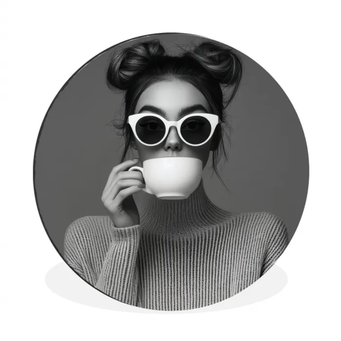 Vrouw - Koffie - Zwart - Wit Wandcirkel aluminium klein -3d