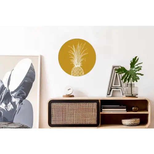 Lijnillustratie - Ananas - Bladkroon - Okergeel Wandcirkel aluminium klein -kantoor