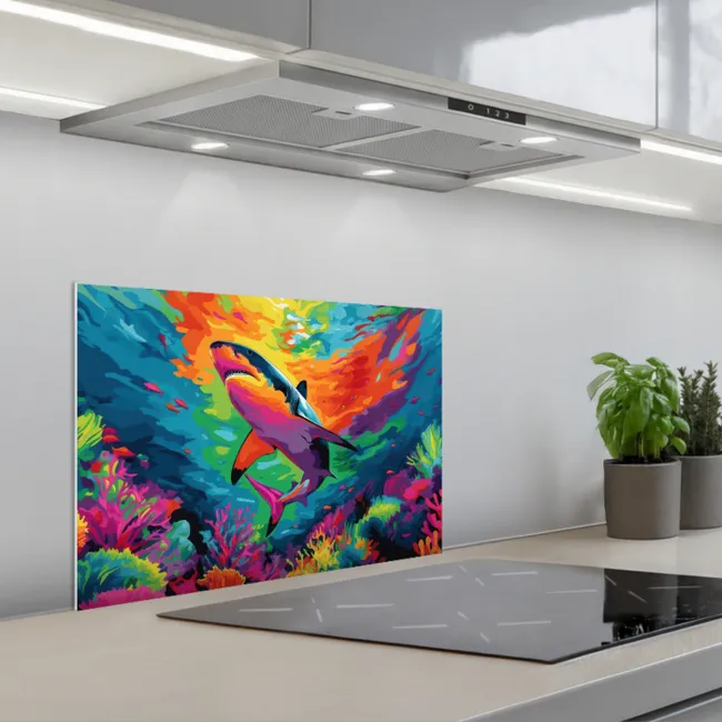 Haai - Koraalrif - Abstract - Kleurrijk keuken achterwand spatscherm klein -3d_schuin