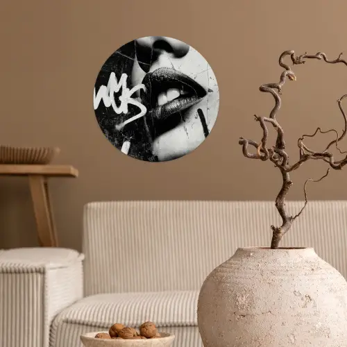 Gezicht - Mond - Graffiti - Zwart Wandcirkel behangsticker klein -sfeer1