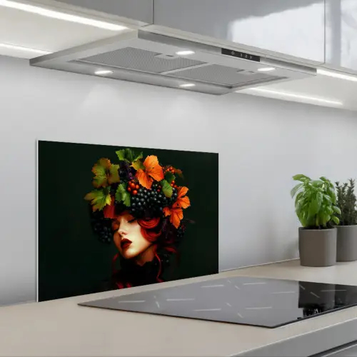Vrouw - Rood - Groen - Druiven keuken achterwand spatscherm klein -3d_schuin
