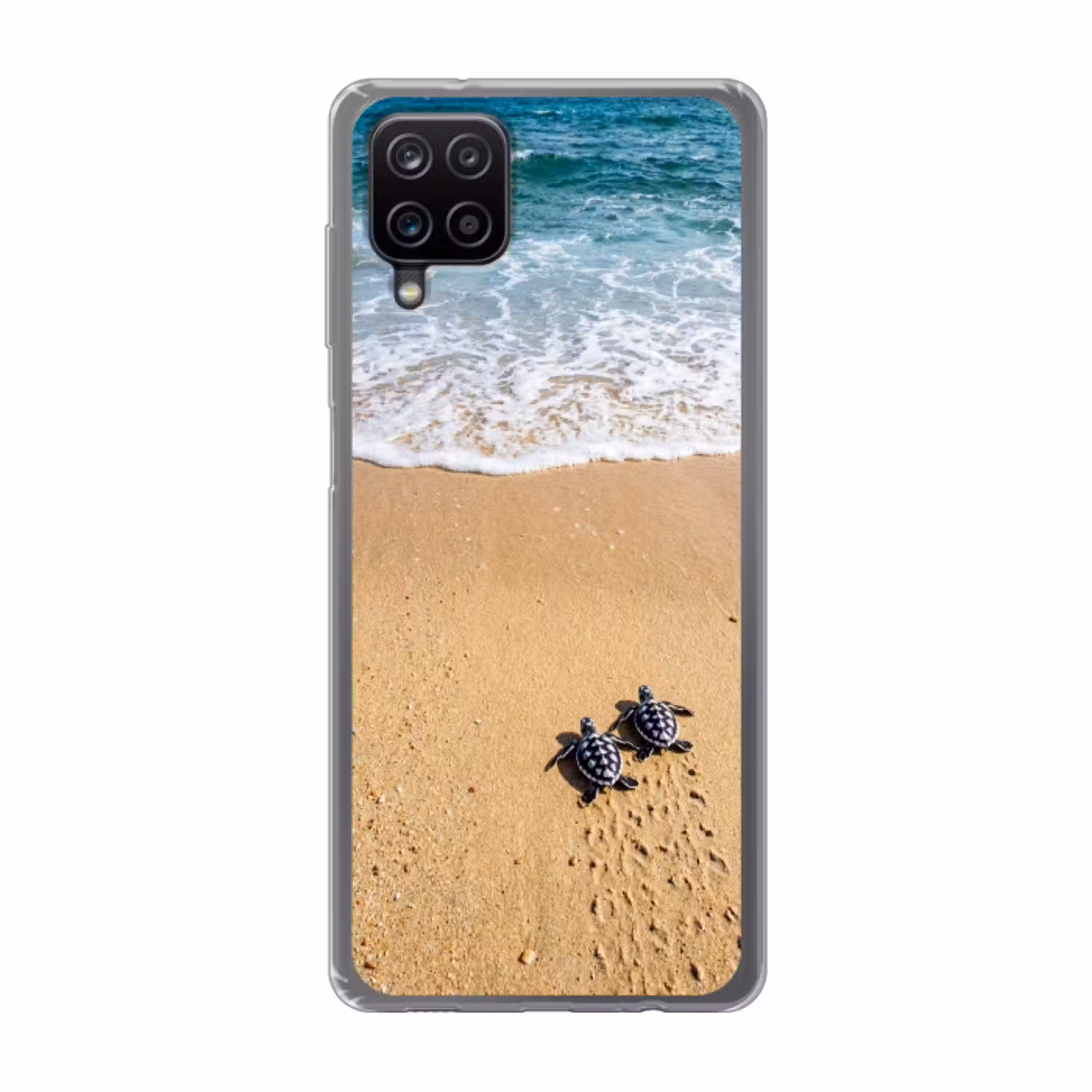 Schildpad - Jong - Strand - Oceaan - Blauw Telefoonhoesje Samsung Galaxy A12 klein -3d