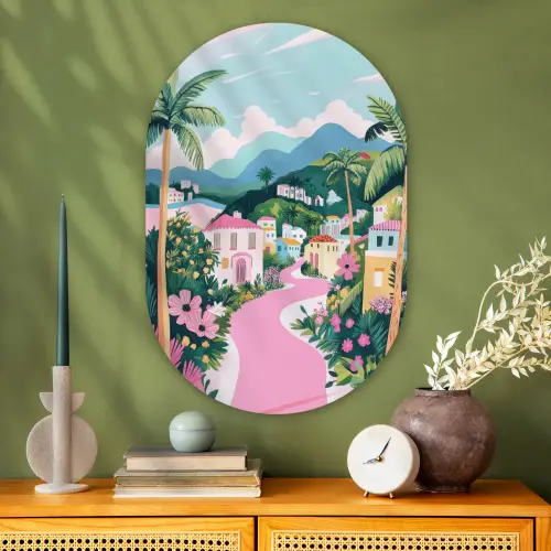 Kleurrijk - Huizen - Heuvels - Roze Wandcirkel Ovaal Glas middel -sfeer2