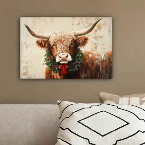 Kerst - Schotse Hooglander - Bruin - Krans canvas 2cm klein -sfeer3