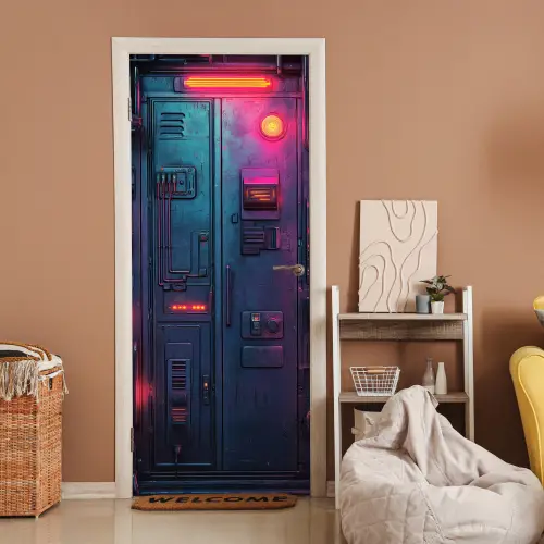 Deur - Futuristisch - Blauw - Roze - Neon deurposter klein -sfeer1