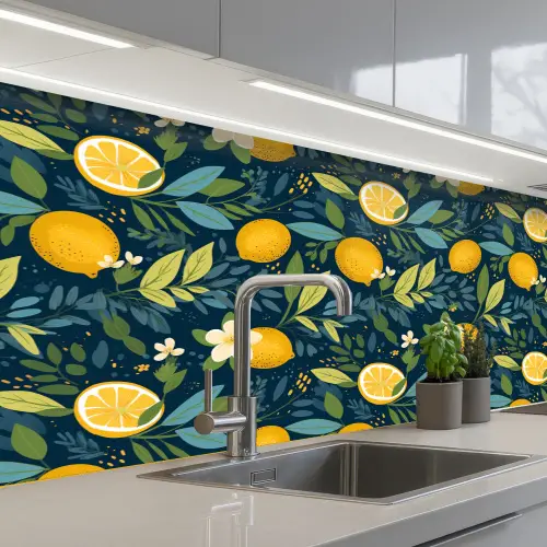 Bloemen - Bladeren - Citroenen - Blauw keuken achterwand 2 middel 871 -3d_schuin