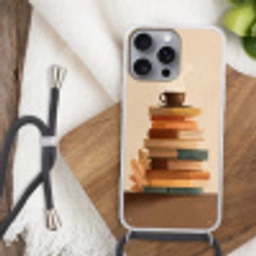 Boeken - Toren - Koffie - Beige Hoesje iPhone 16 Pro Max met koord klein -sfeer4