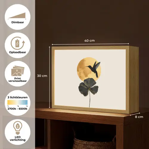 Zwarte kolibrie - Bloem - Gouden cirkel Light Box met batterij (Wandlamp) middel -USP_websiteoverzichtNL