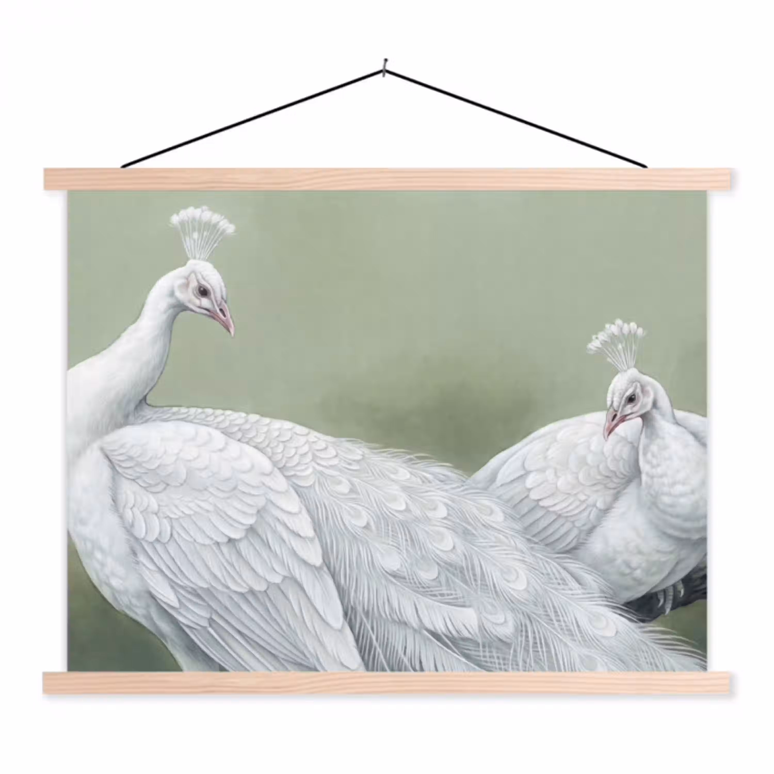Pauwen - Wit - Natuur - Groen textielposter latten blank klein -3d