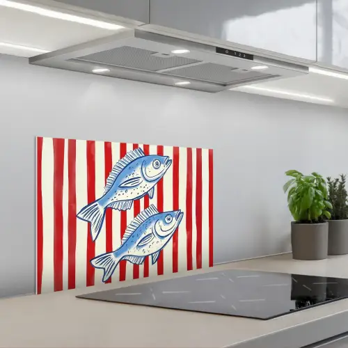Vissen - Verticale strepen - Blauw - Rood keuken achterwand spatscherm klein -3d_schuin