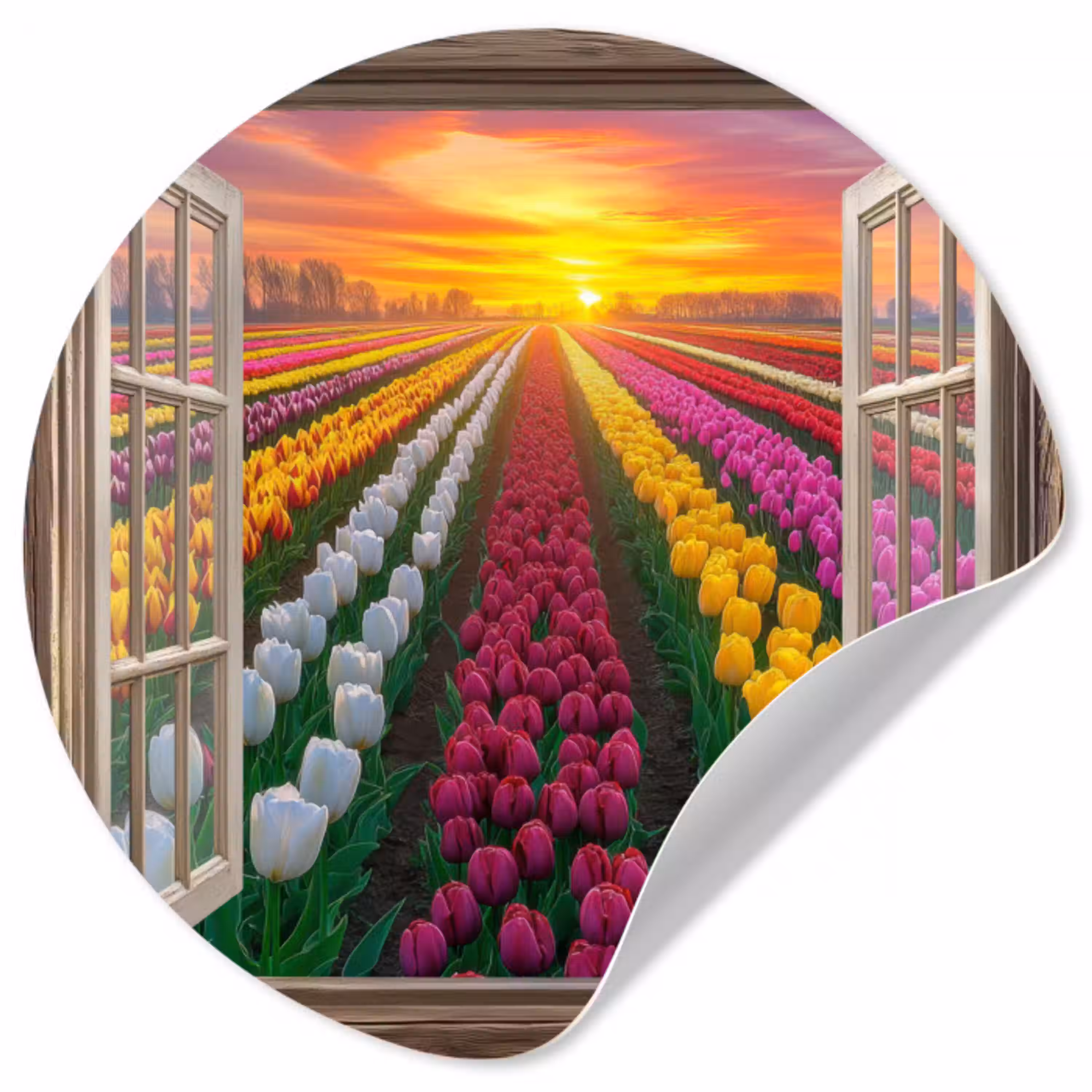 Doorkijk - Bloemen - Tulpen - Kleurrijk - Zonsondergang Wandcirkel behangsticker klein -3d