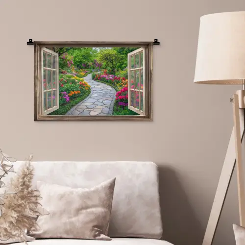 Doorkijk - Bloemen - Tuinpad - Natuur - Raam Wandkleed katoen klein -sfeer4